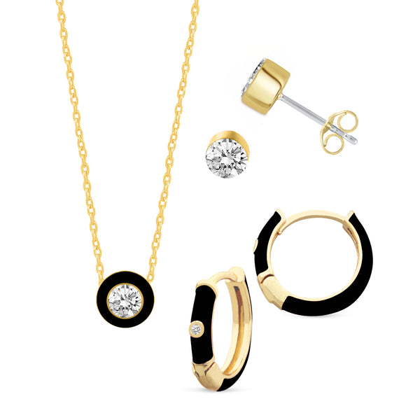 Set of 3 Enamel Stud Earrings + Huggies + Pendant Box Set Gold Tone 17 Inch Chain + 2in Extender