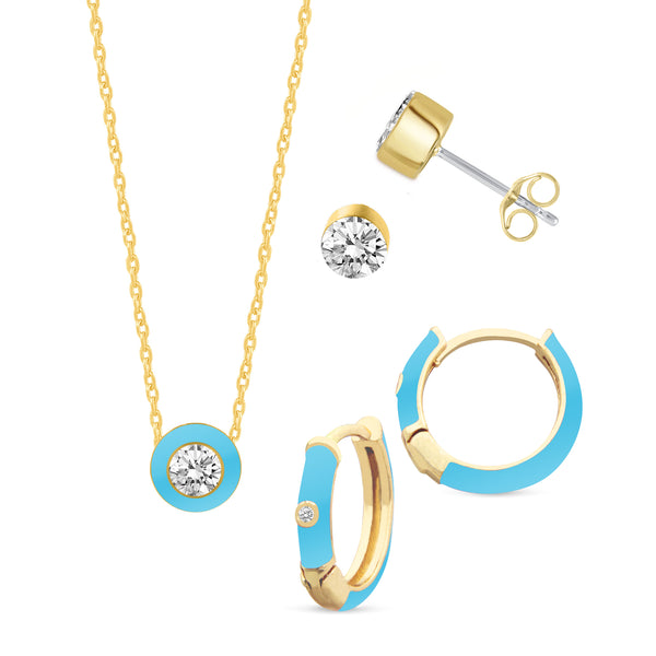 Set of 3 Enamel Stud Earrings + Huggies + Pendant Box Set Gold Tone 17 Inch Chain + 2in Extender