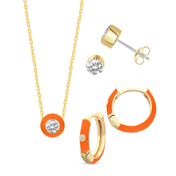 Set of 3 Enamel Stud Earrings + Huggies + Pendant Box Set Gold Tone 17 Inch Chain + 2in Extender