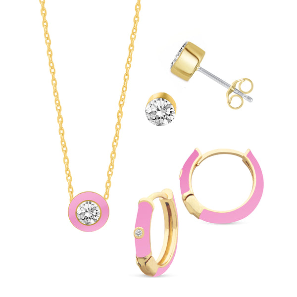 Set of 3 Enamel Stud Earrings + Huggies + Pendant Box Set Gold Tone 17 Inch Chain + 2in Extender