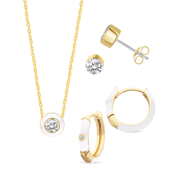 Set of 3 Enamel Stud Earrings + Huggies + Pendant Box Set Gold Tone 17 Inch Chain + 2in Extender