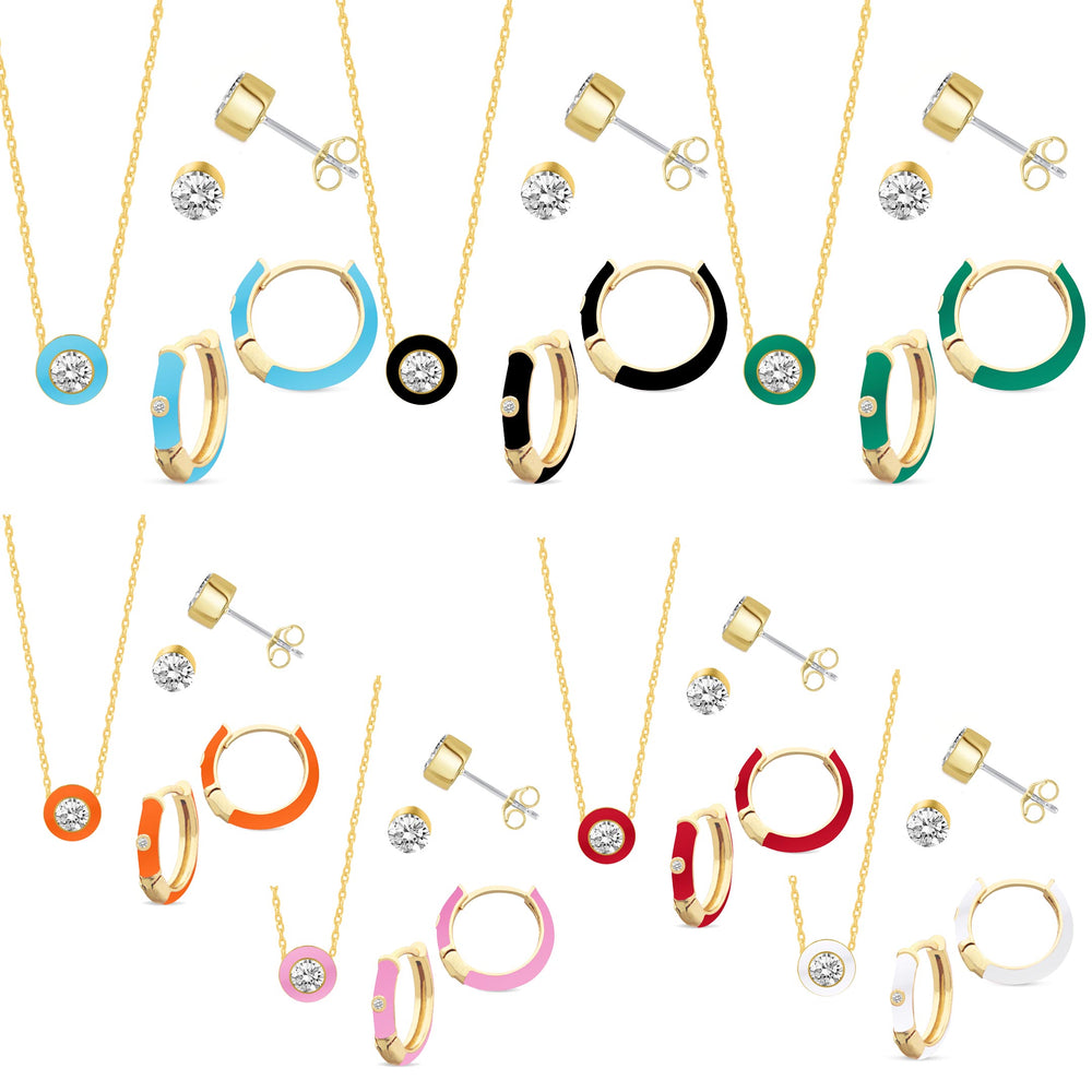 Set of 3 Enamel Earrings + Pendant Box Set Gold Tone (Stud + Huggies + Pendant)