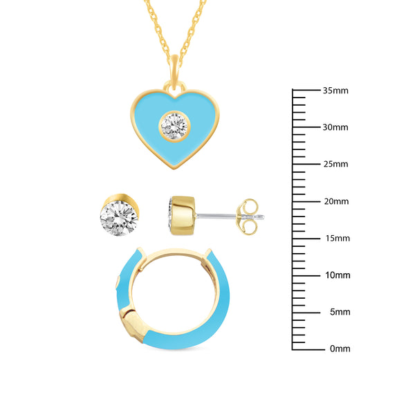 Set of 3 Enamel Earrings + Pendant Box Set Gold Tone 17 Inch Chain + 2in Extender (Stud + Huggies + Heart Pendant )