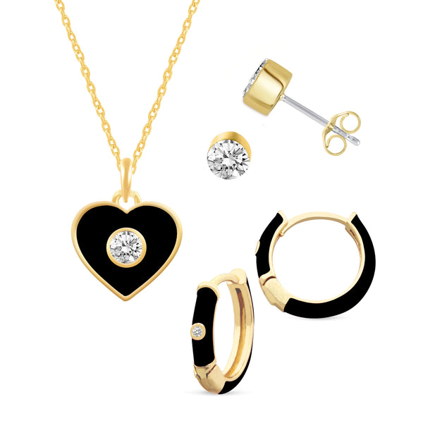 Set of 3 Enamel Earrings + Pendant Box Set Gold Tone 17 Inch Chain + 2in Extender (Stud + Huggies + Heart Pendant )