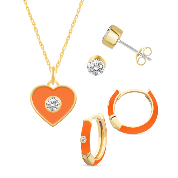 Set of 3 Enamel Earrings + Pendant Box Set Gold Tone 17 Inch Chain + 2in Extender (Stud + Huggies + Heart Pendant )