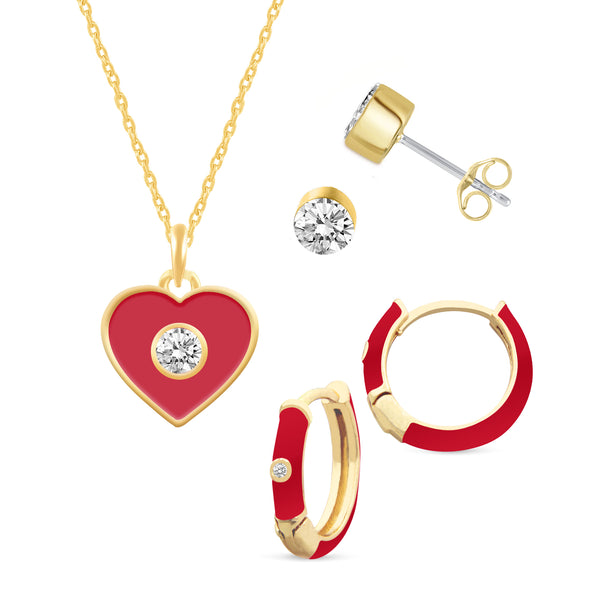 Set of 3 Enamel Earrings + Pendant Box Set Gold Tone 17 Inch Chain + 2in Extender (Stud + Huggies + Heart Pendant )