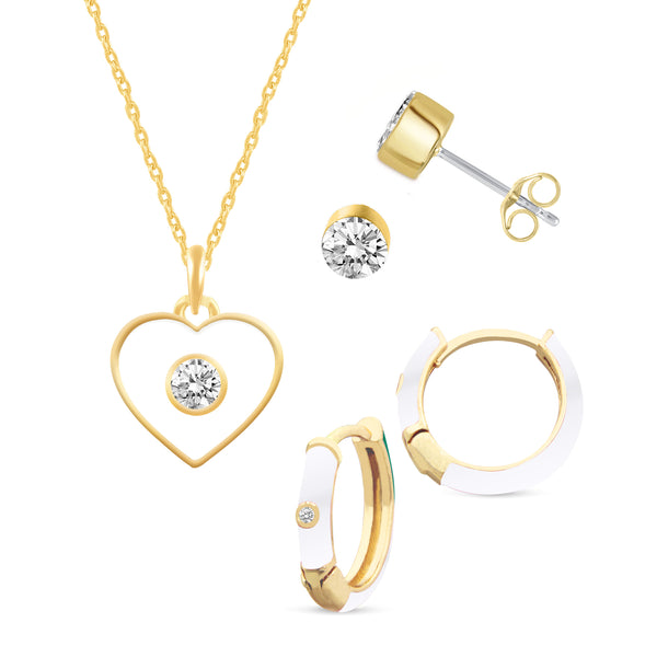 Set of 3 Enamel Earrings + Pendant Box Set Gold Tone 17 Inch Chain + 2in Extender (Stud + Huggies + Heart Pendant )