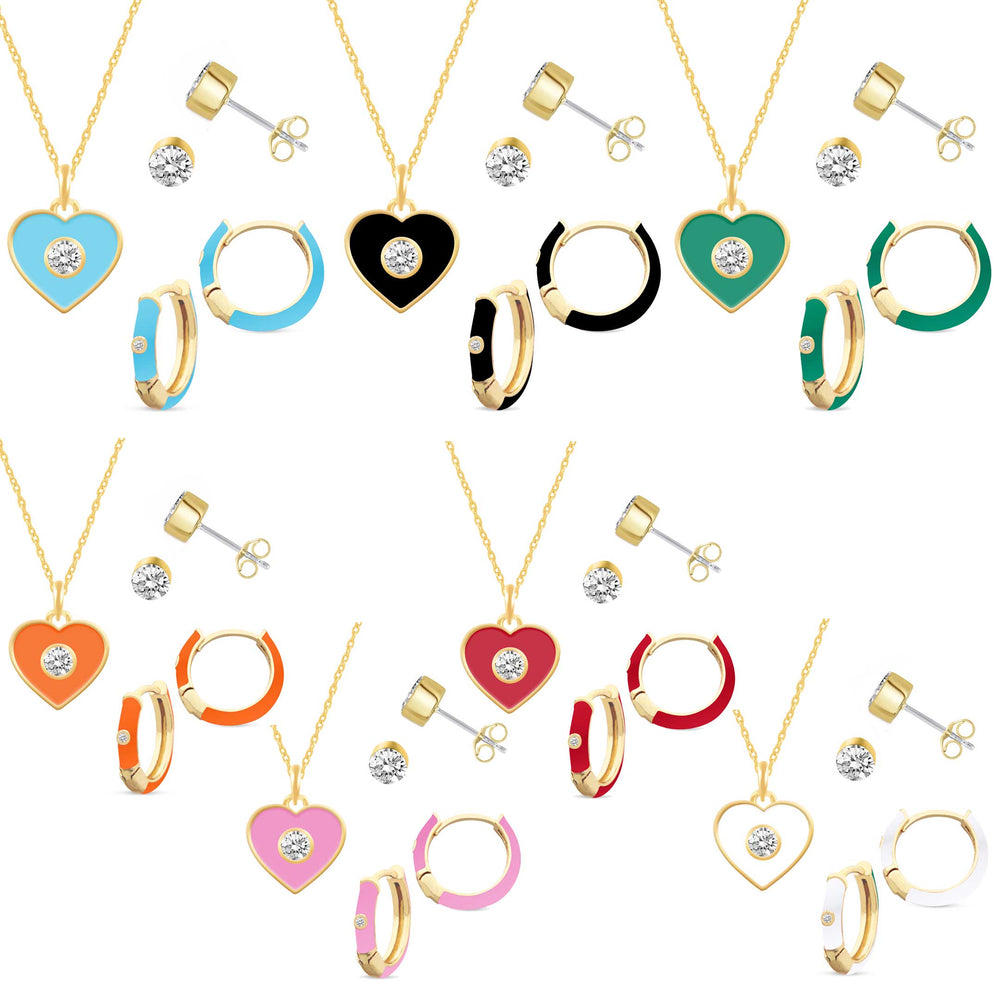 Prime and Pure Set of 3 Enamel Earrings + Pendant Box Set Gold Tone 17 Inch Chain + 2in Extender (Stud + Huggies + Heart Pendant )