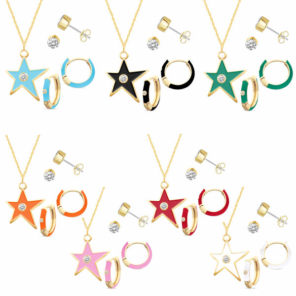 Enamel Earrings + Pendant Box Set for Women Girls Gold Tone 17 Inch Chain + 2in Extender (Stud + Huggies + Star Pendant )