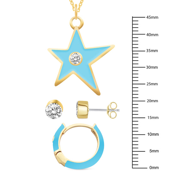 Set of 3 Enamel Earrings + Pendant Box Set Gold Tone (Stud & Huggies & Star Pendant )