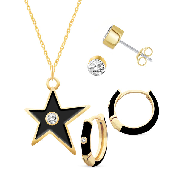 Set of 3 Enamel Earrings + Pendant Box Set Gold Tone (Stud & Huggies & Star Pendant )