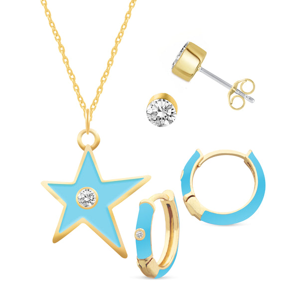 Set of 3 Enamel Earrings + Pendant Box Set Gold Tone (Stud & Huggies & Star Pendant )