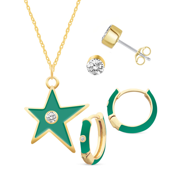 Set of 3 Enamel Earrings + Pendant Box Set Gold Tone (Stud & Huggies & Star Pendant )