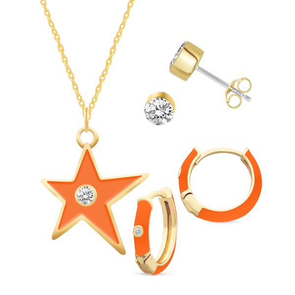 Set of 3 Enamel Earrings + Pendant Box Set Gold Tone (Stud & Huggies & Star Pendant )