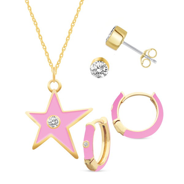 Set of 3 Enamel Earrings + Pendant Box Set Gold Tone (Stud & Huggies & Star Pendant )