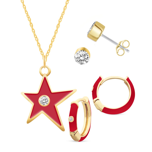 Set of 3 Enamel Earrings + Pendant Box Set Gold Tone (Stud & Huggies & Star Pendant )