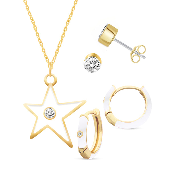 Set of 3 Enamel Earrings + Pendant Box Set Gold Tone (Stud & Huggies & Star Pendant )