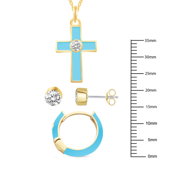 Set of 3 Enamel Earrings + Pendant Box Set Gold Tone (Stud & Huggies & Cross Pendant)