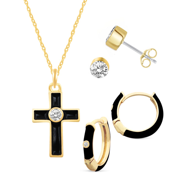 Set of 3 Enamel Earrings + Pendant Box Set Gold Tone (Stud & Huggies & Cross Pendant)