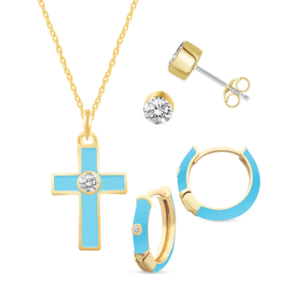 Set of 3 Enamel Earrings + Pendant Box Set Gold Tone (Stud & Huggies & Cross Pendant)