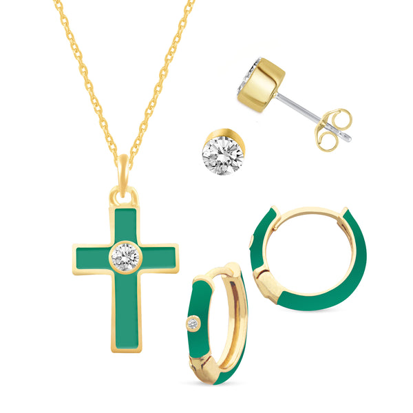 Set of 3 Enamel Earrings + Pendant Box Set Gold Tone (Stud & Huggies & Cross Pendant)