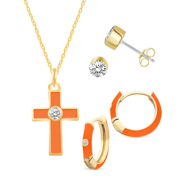 Set of 3 Enamel Earrings + Pendant Box Set Gold Tone (Stud & Huggies & Cross Pendant)