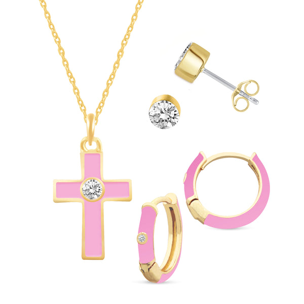 Set of 3 Enamel Earrings + Pendant Box Set Gold Tone (Stud & Huggies & Cross Pendant)