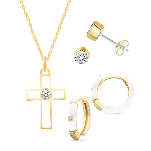 Set of 3 Enamel Earrings + Pendant Box Set Gold Tone (Stud & Huggies & Cross Pendant)