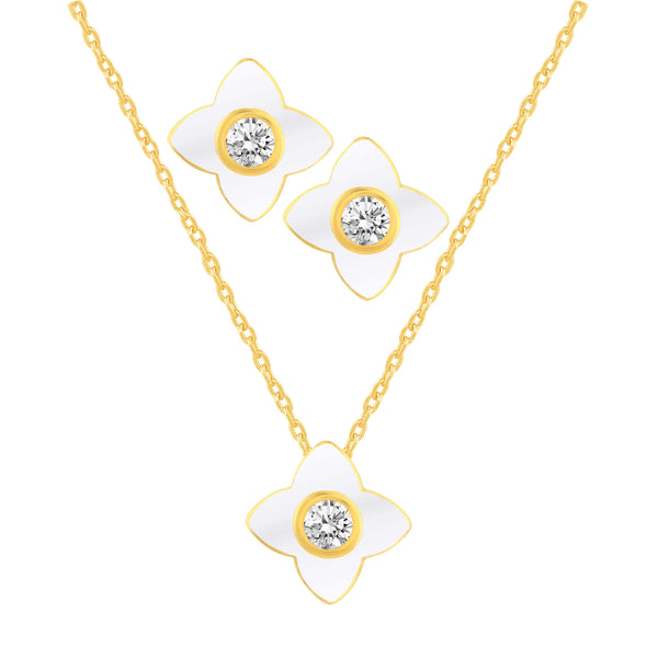 Petal Enamel Earrings + Pendant Box Set Gold Tone 17 Inch Chain + 2in Extender