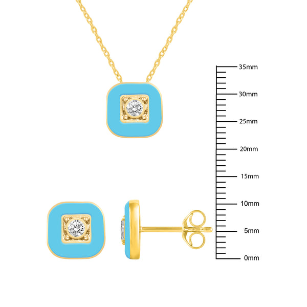 Square Enamel SQUARE Earrings + Pendant Box Set Gold Tone 17 Inch Chain + 2in Extender