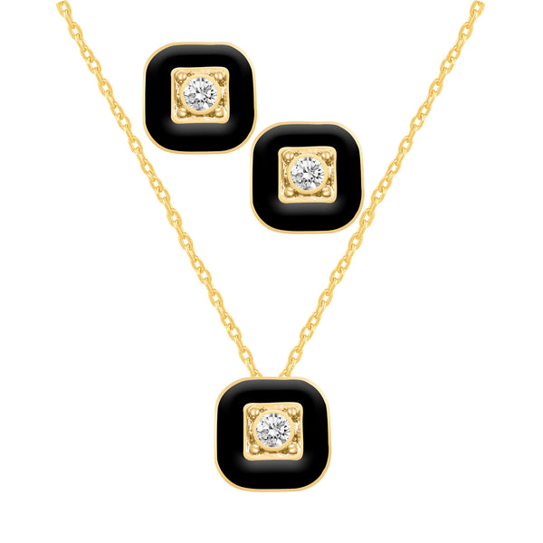 Square Enamel SQUARE Earrings + Pendant Box Set Gold Tone 17 Inch Chain + 2in Extender