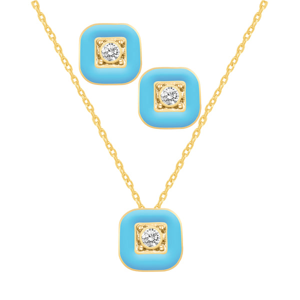 Square Enamel SQUARE Earrings + Pendant Box Set Gold Tone 17 Inch Chain + 2in Extender