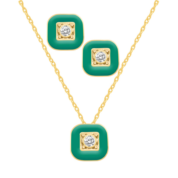 Square Enamel SQUARE Earrings + Pendant Box Set Gold Tone 17 Inch Chain + 2in Extender