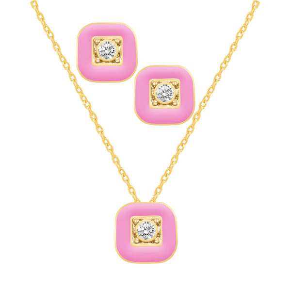 Square Enamel SQUARE Earrings + Pendant Box Set Gold Tone 17 Inch Chain + 2in Extender