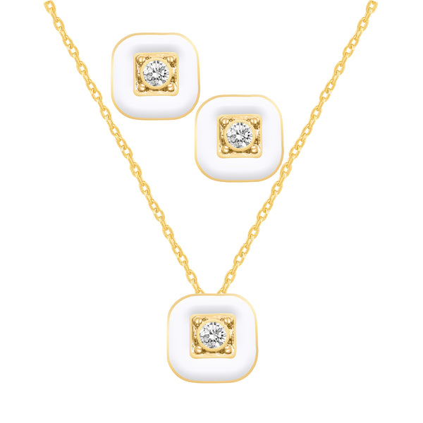 Square Enamel SQUARE Earrings + Pendant Box Set Gold Tone 17 Inch Chain + 2in Extender