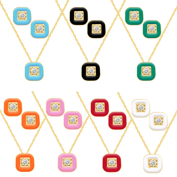 Enamel Earrings + Pendant Box Set for Women Girls Gold Tone 17 Inch Chain + 2in Extender (Square Stud + Square Pendant )…