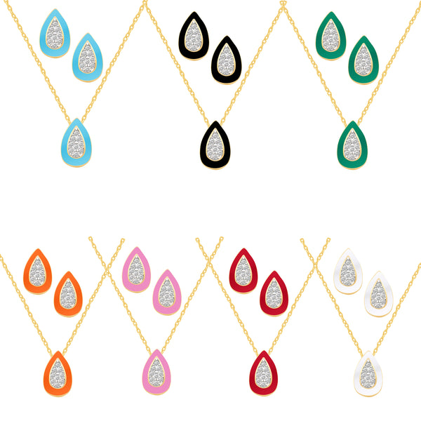 Enamel Earrings + Pendant Box Set for Women Girls Gold Tone 17 Inch Chain + 2in Extender (Pear Shape Earrings + Pear Shape Pendant)