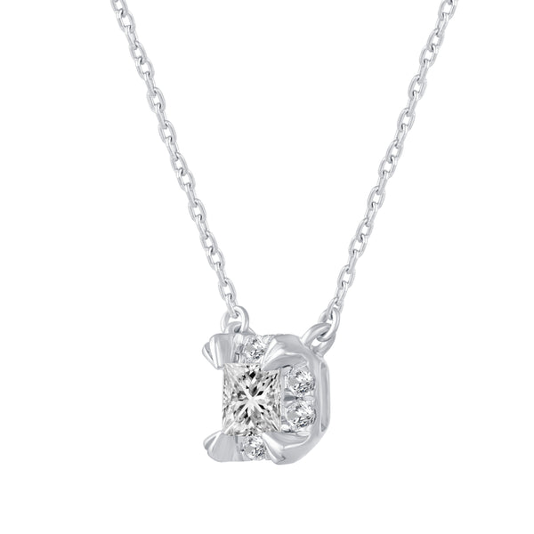 1/2 Cttw CZ Princess Cut Halo Pendant Necklace set in 925 Sterling Silver