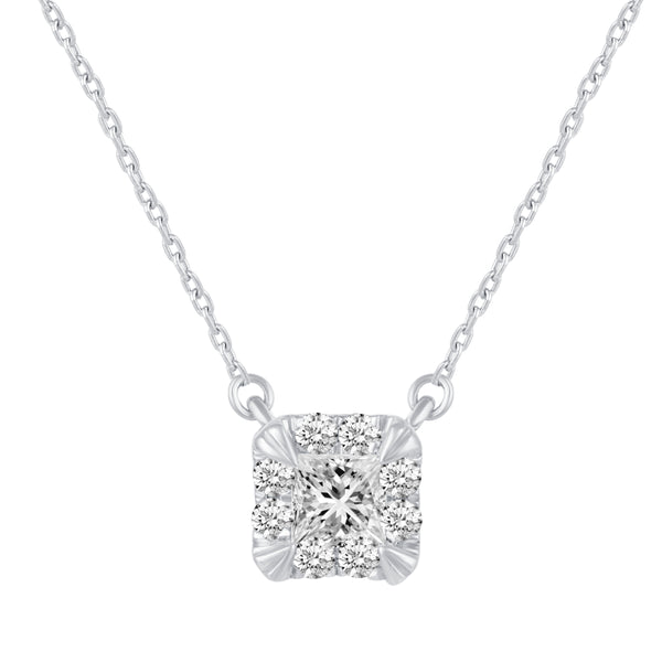 1/2 Cttw CZ Princess Cut Halo Pendant Necklace set in 925 Sterling Silver