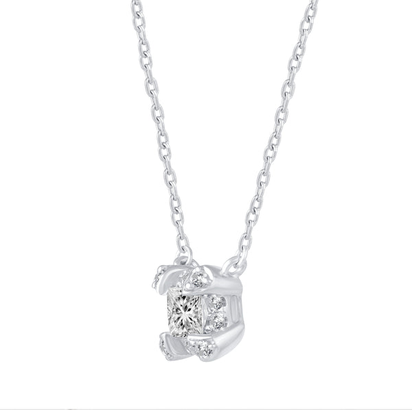 Princess Cut Halo Pendant Necklace set in 925 Sterling Silver (Select Design)