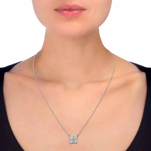 1/2 Cttw CZ Princess Cut Halo Pendant Necklace set in 925 Sterling Silver