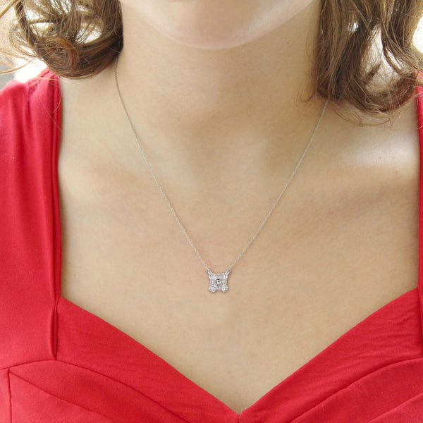 Princess Cut Halo Pendant Necklace set in 925 Sterling Silver (Select Design)