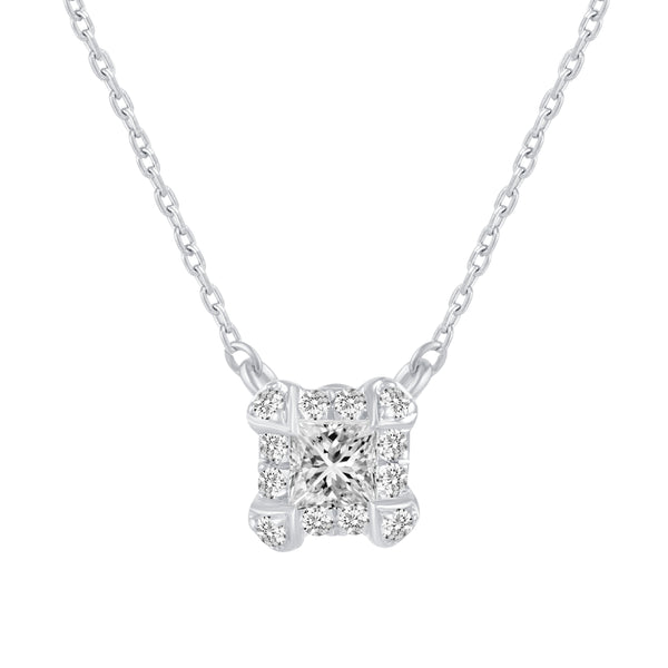 1/2 Cttw CZ Princess Cut Halo Pendant Necklace set in 925 Sterling Silver