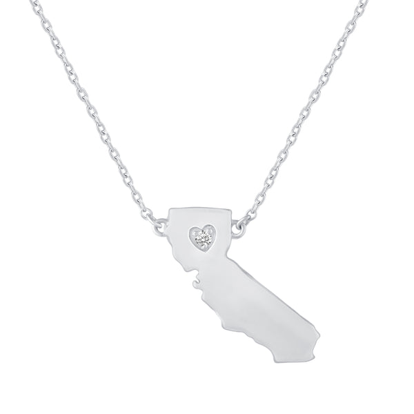 1/20 Cttw CZ Stone State Map California Love Heart Pendant Necklace set in 925 Sterling Silver