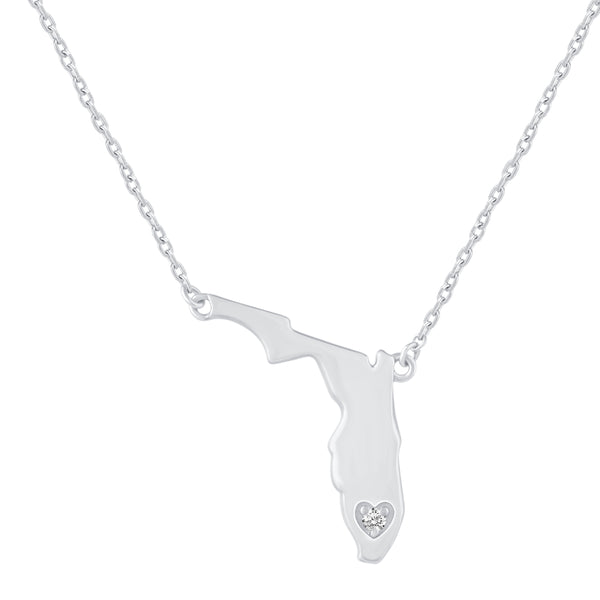 1/20 Cttw CZ Stone State Map Florida Love Heart Pendant Necklace set in 925 Sterling Silver