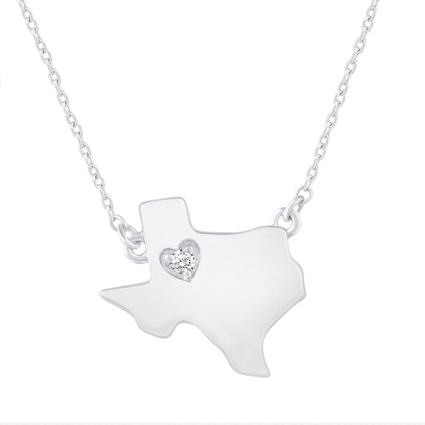 1/20 Cttw CZ Stone State Map Texas Love Heart Pendant Necklace set in 925 Sterling Silver