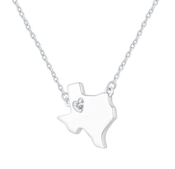 1/20 Cttw CZ Stone State Map Texas Love Heart Pendant Necklace set in 925 Sterling Silver