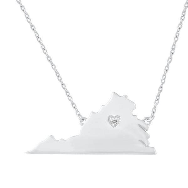 1/20 Cttw CZ Stone State Map Virginia Love Heart Pendant Necklace set in 925 Sterling Silver