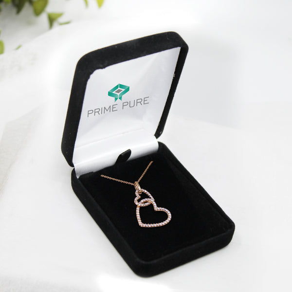 Double Open Heart Charm Necklace Pendant in 925 Sterling Silver Pink Rose Gold - Prime and Pure