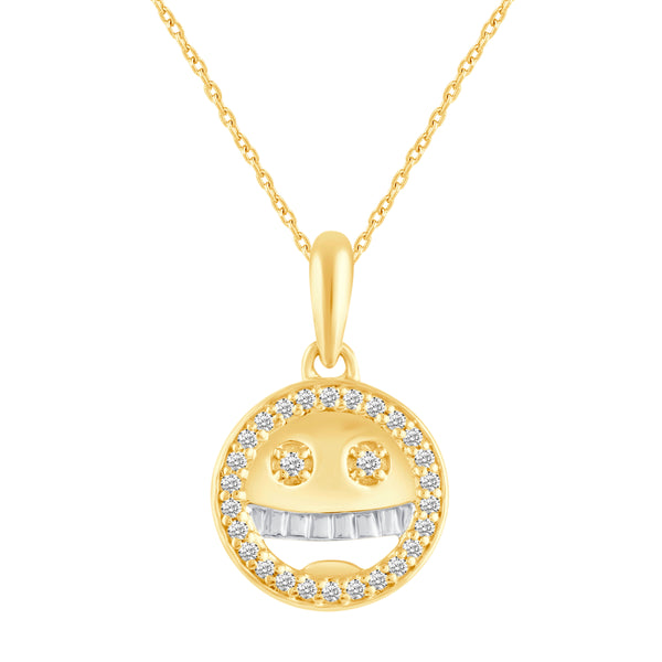 1/10 Cttw CZ EMOJI Smiling Face Pendant Necklace set in 925 Sterling Silver Yellow Gold